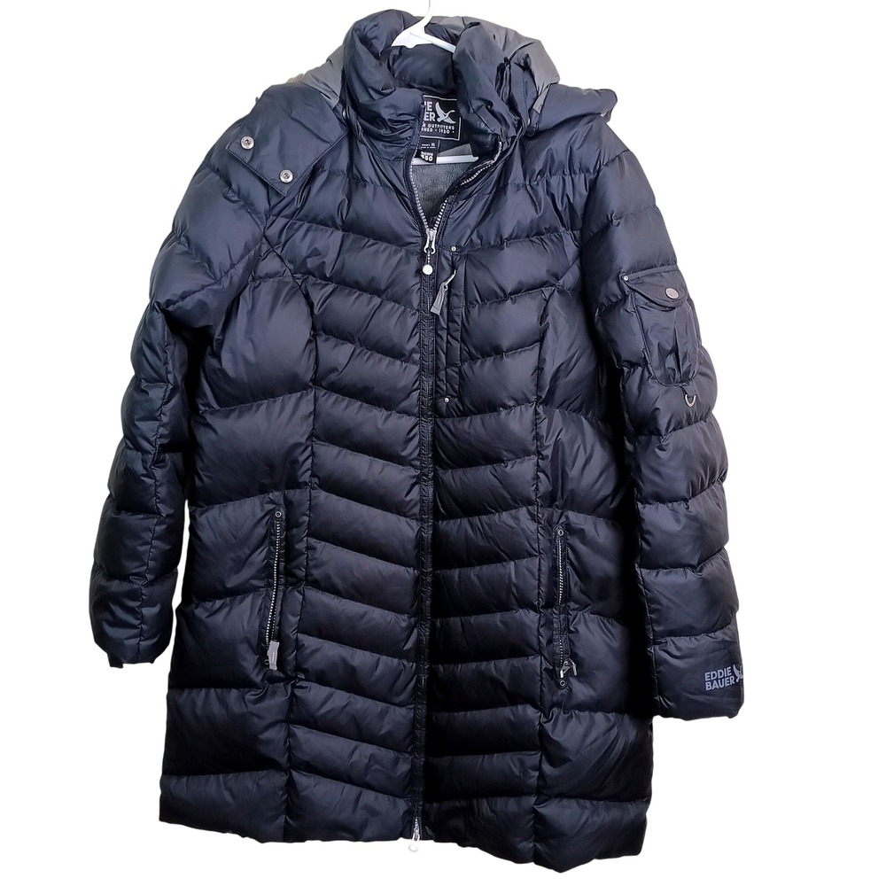 Eddie Bauer Down Parka Women XL Black Excellent 650 Fill Puffer Faux Fur Hood